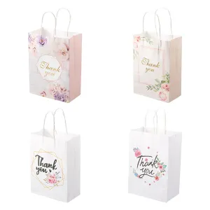 1 Set Cheriswelry 24Pcs 4 Style Rectangle with Word Thanks You Kraft Paper Bags, with Handles, for Gift & Shopping Bags, Flower Pattern, 21.5x14.9x0.05cm, 6pcs/style, 4 style, 24pcs