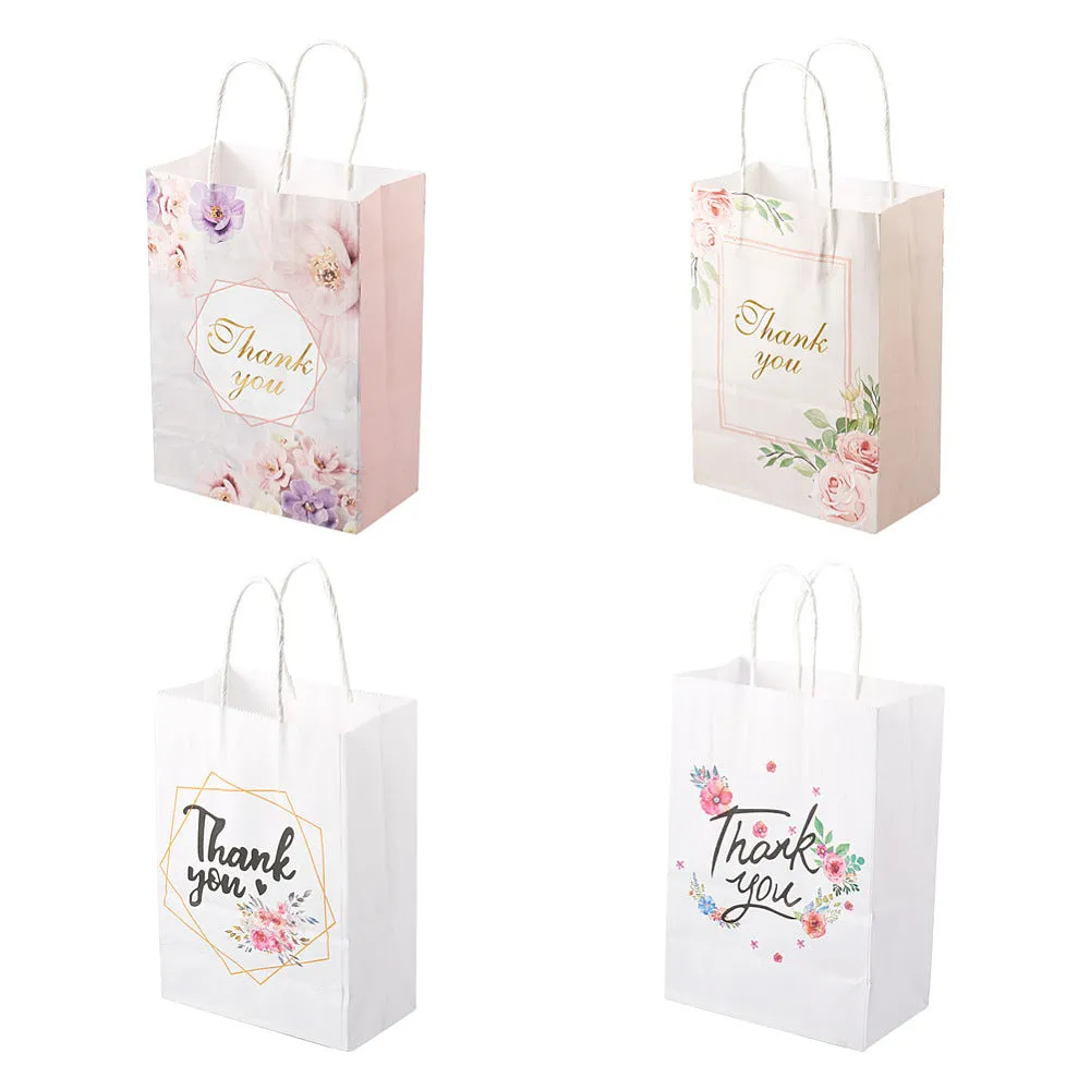 1 Set Cheriswelry 24Pcs 4 Style Rectangle with Word Thanks You Kraft Paper Bags, with Handles, for Gift & Shopping Bags, Flower Pattern, 21.5x14.9x0.05cm, 6pcs/style, 4 style, 24pcs
