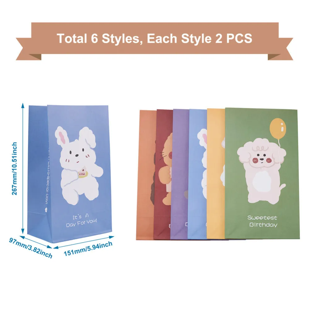 1 Set Magibeads 12Pcs 6 Style Rectangle Paper Bags, Animal Pattern with Stickers, Storage Bags, Wedding Party Birthday Gift Bag, Mixed Color, 26.7x15.1x9.7cm, 2pcs/style