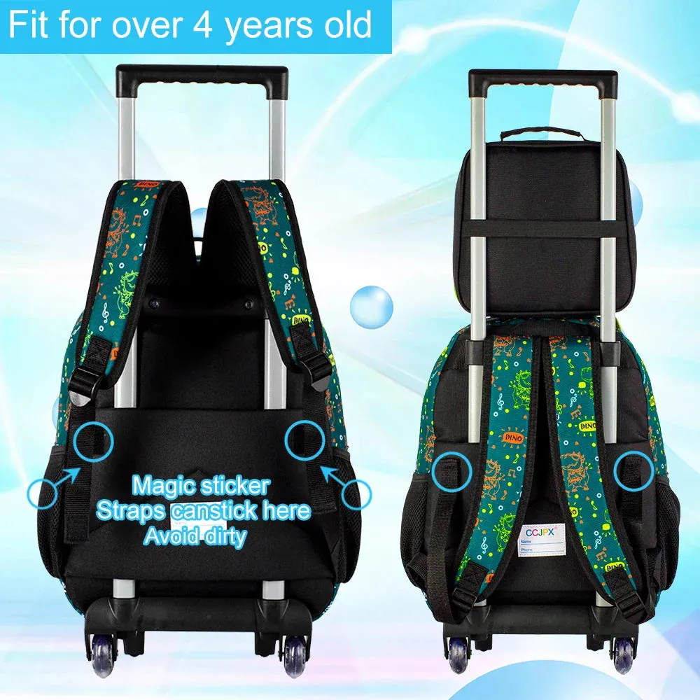 3 Piece Dinosaur Rolling Backpack Set For Boys School Wheels Lunch