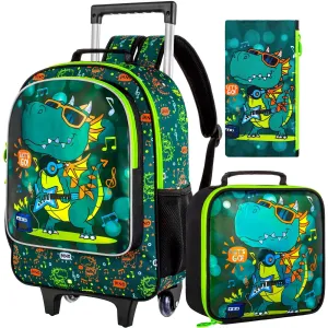 3 Piece Dinosaur Rolling Backpack Set For Boys School Wheels Lunch