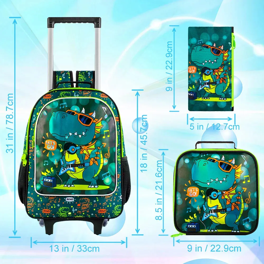 3 Piece Dinosaur Rolling Backpack Set For Boys School Wheels Lunch