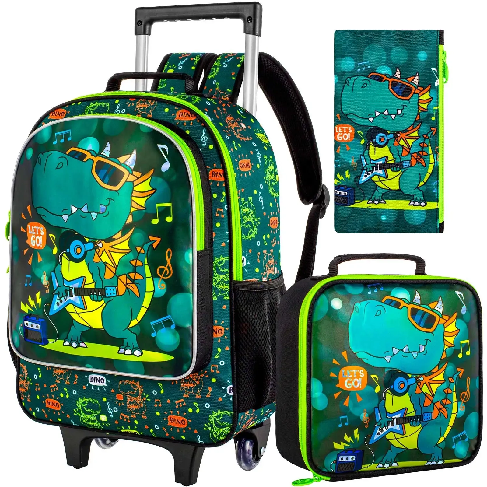 3 Piece Dinosaur Rolling Backpack Set For Boys School Wheels Lunch