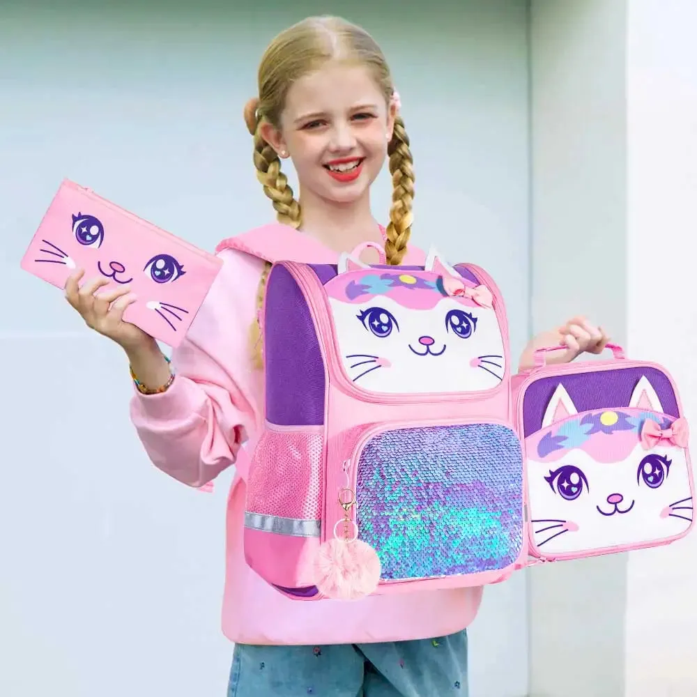 3 Piece Kids Backpack Set With Lunch Box Cat