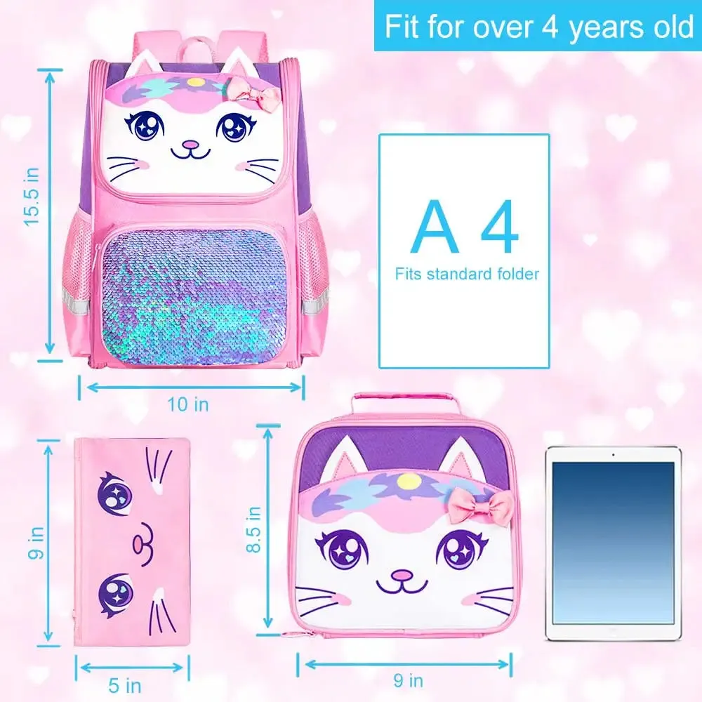 3 Piece Kids Backpack Set With Lunch Box Cat