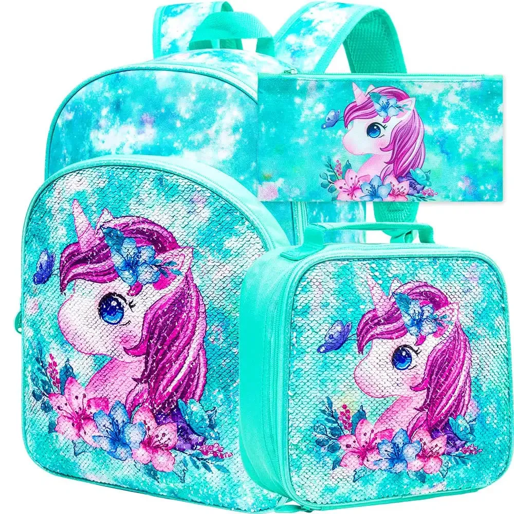 3 Piece Sequin Backpack Set For Girls 16 With Lunch Box Elementary School