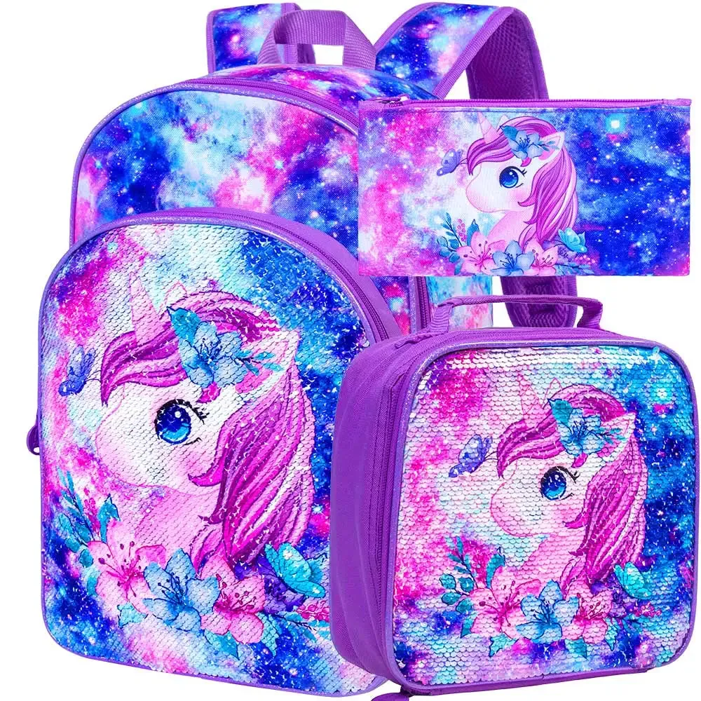 3 Piece Sequin Backpack Set For Girls 16 With Lunch Box Elementary School