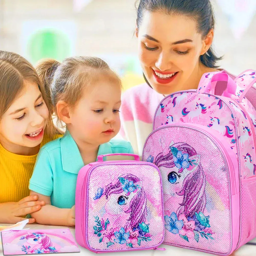3 Piece Sequin Backpack Set For Girls 16 With Lunch Box Elementary School