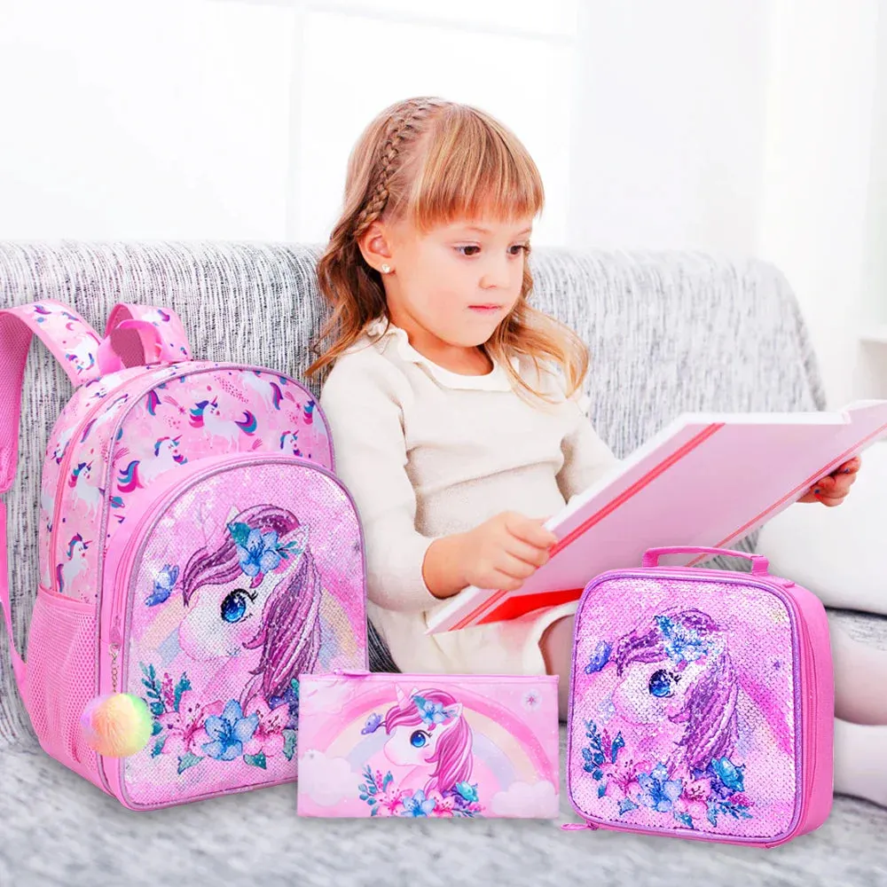 3 Piece Sequin Backpack Set For Girls 16 With Lunch Box Elementary School
