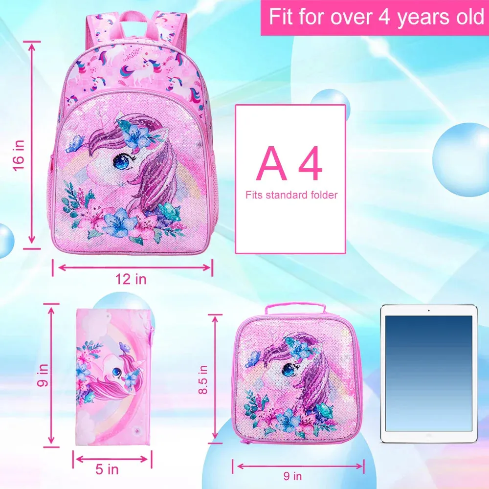 3 Piece Sequin Backpack Set For Girls 16 With Lunch Box Elementary School
