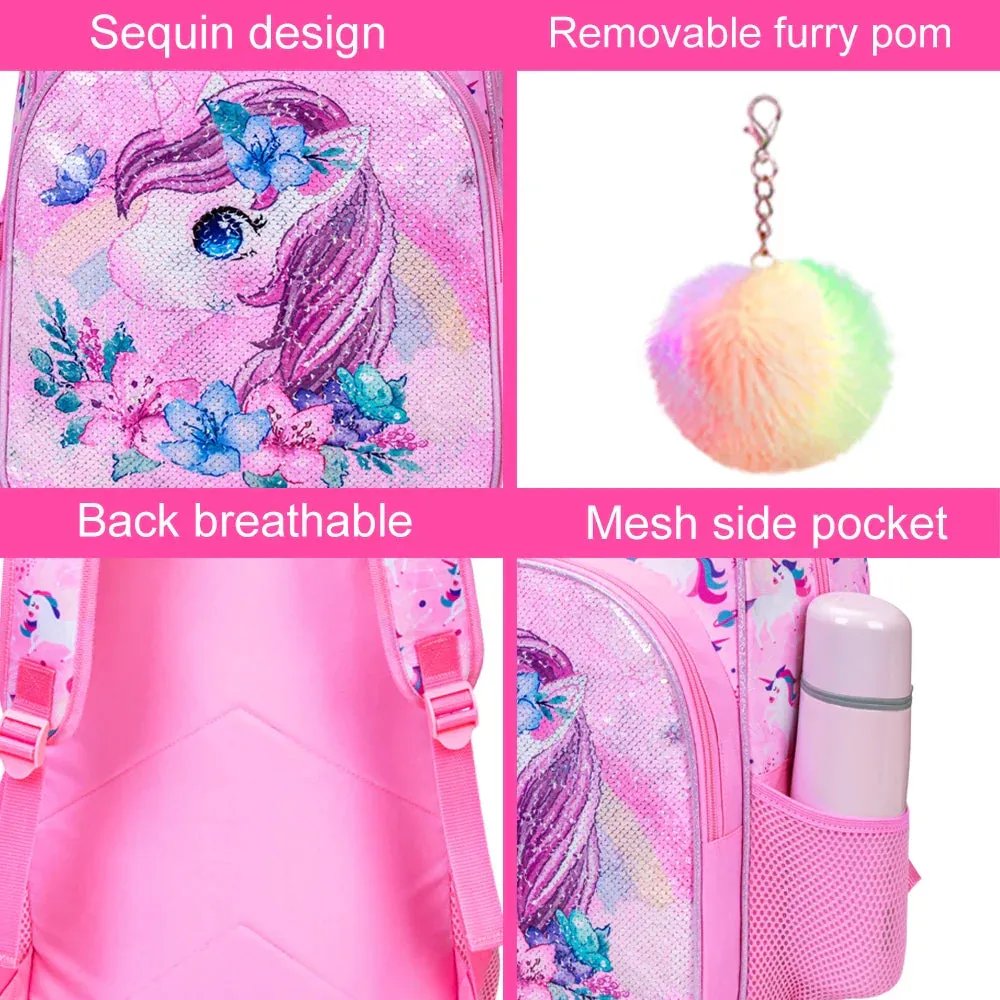 3 Piece Sequin Backpack Set For Girls 16 With Lunch Box Elementary School