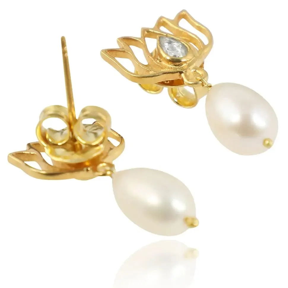 92.5 Sterling Silver Gold-Plated Pearl Drop Lotus Earrings