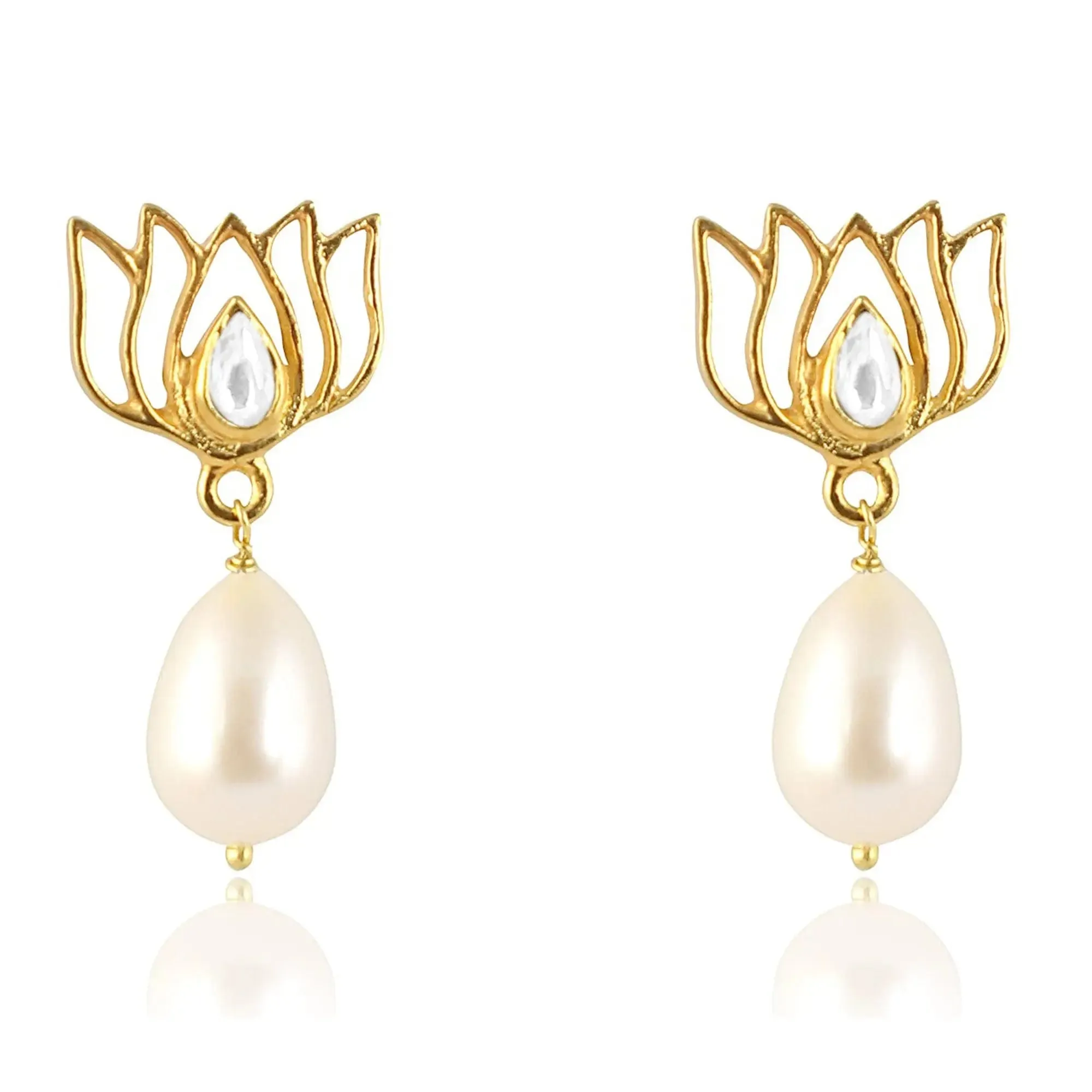 92.5 Sterling Silver Gold-Plated Pearl Drop Lotus Earrings