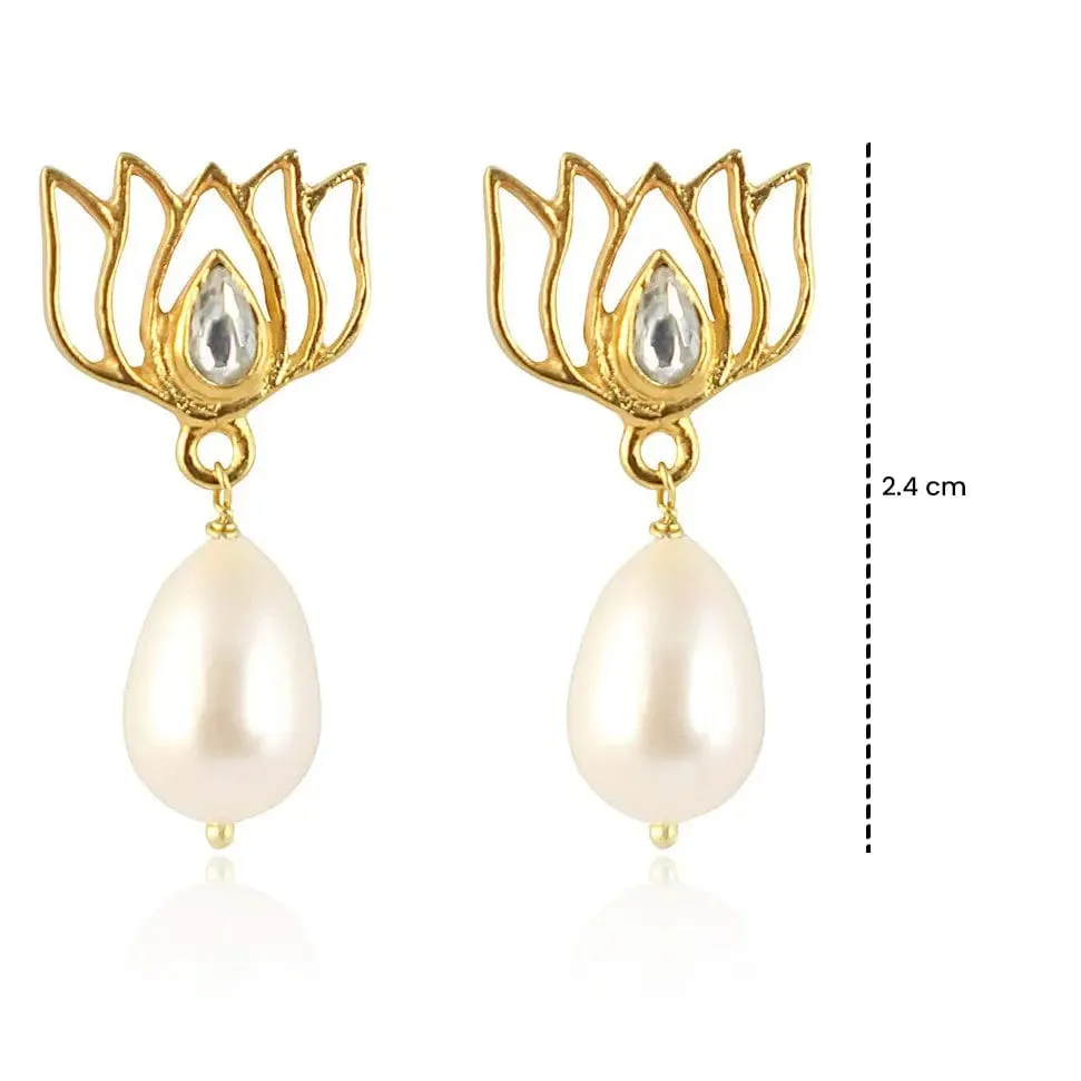 92.5 Sterling Silver Gold-Plated Pearl Drop Lotus Earrings