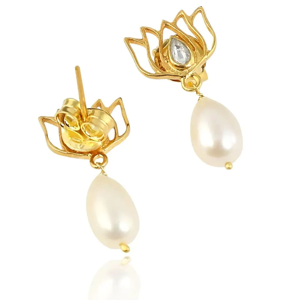 92.5 Sterling Silver Gold-Plated Pearl Drop Lotus Earrings