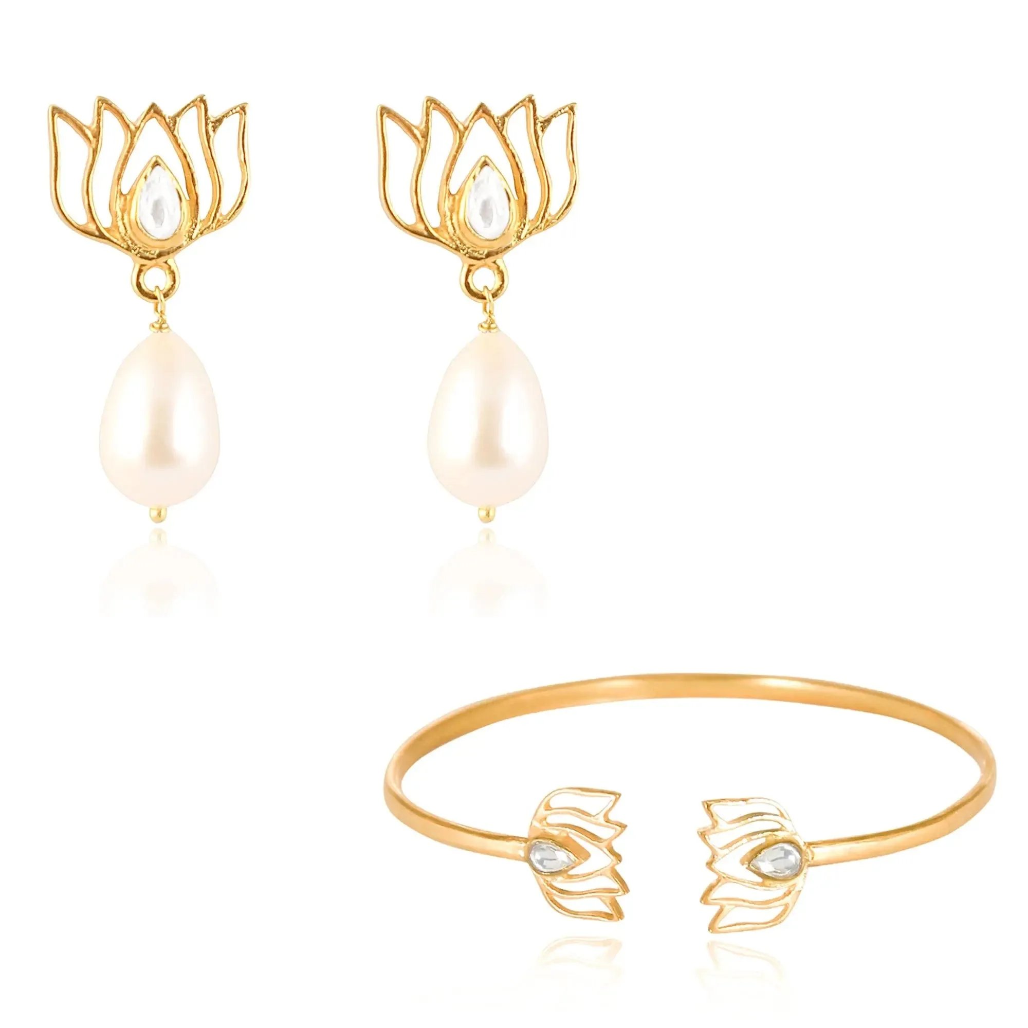 92.5 Sterling Silver Gold-Plated Pearl Drop Lotus Earrings