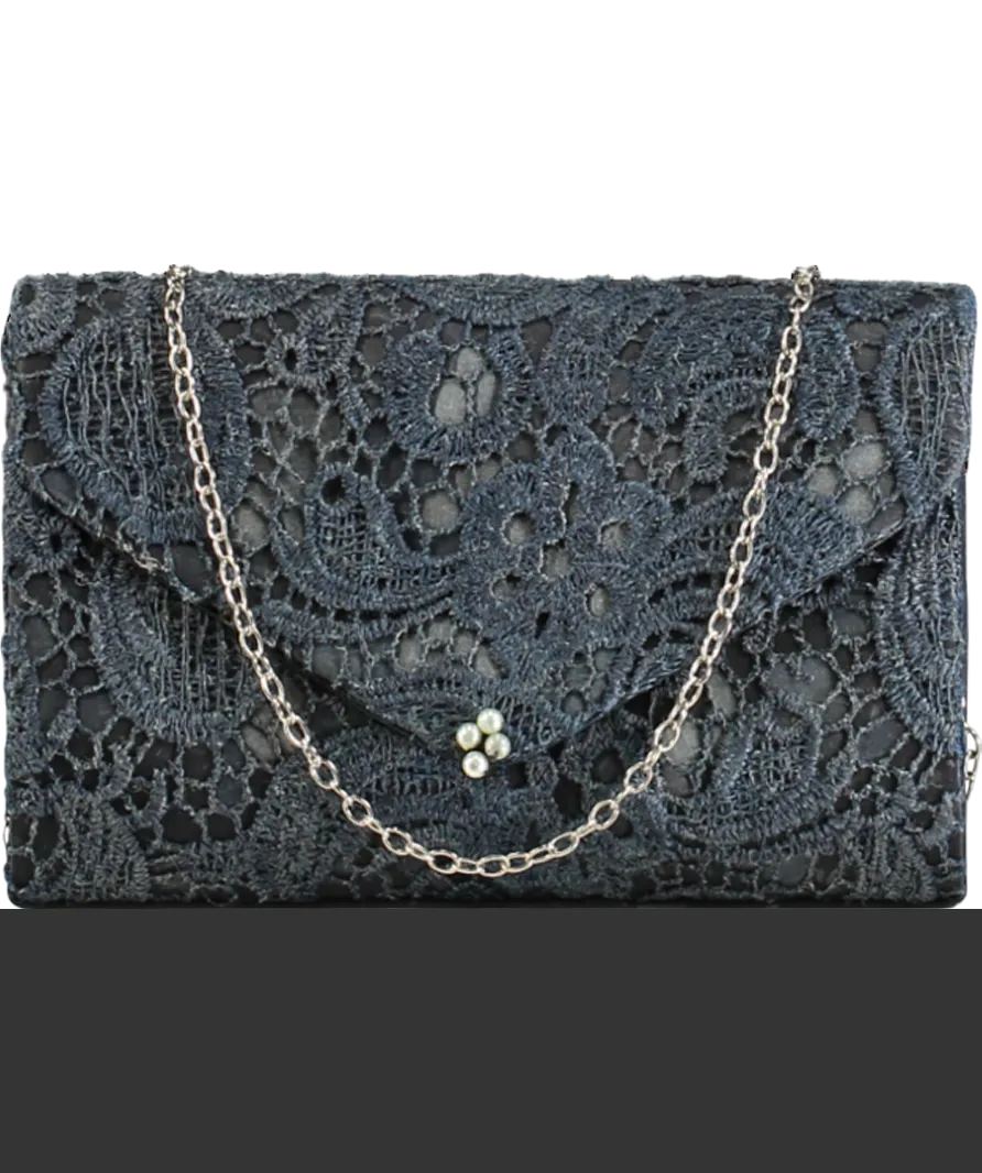 Blue Crochet Lace Pearl Clutch Bag
