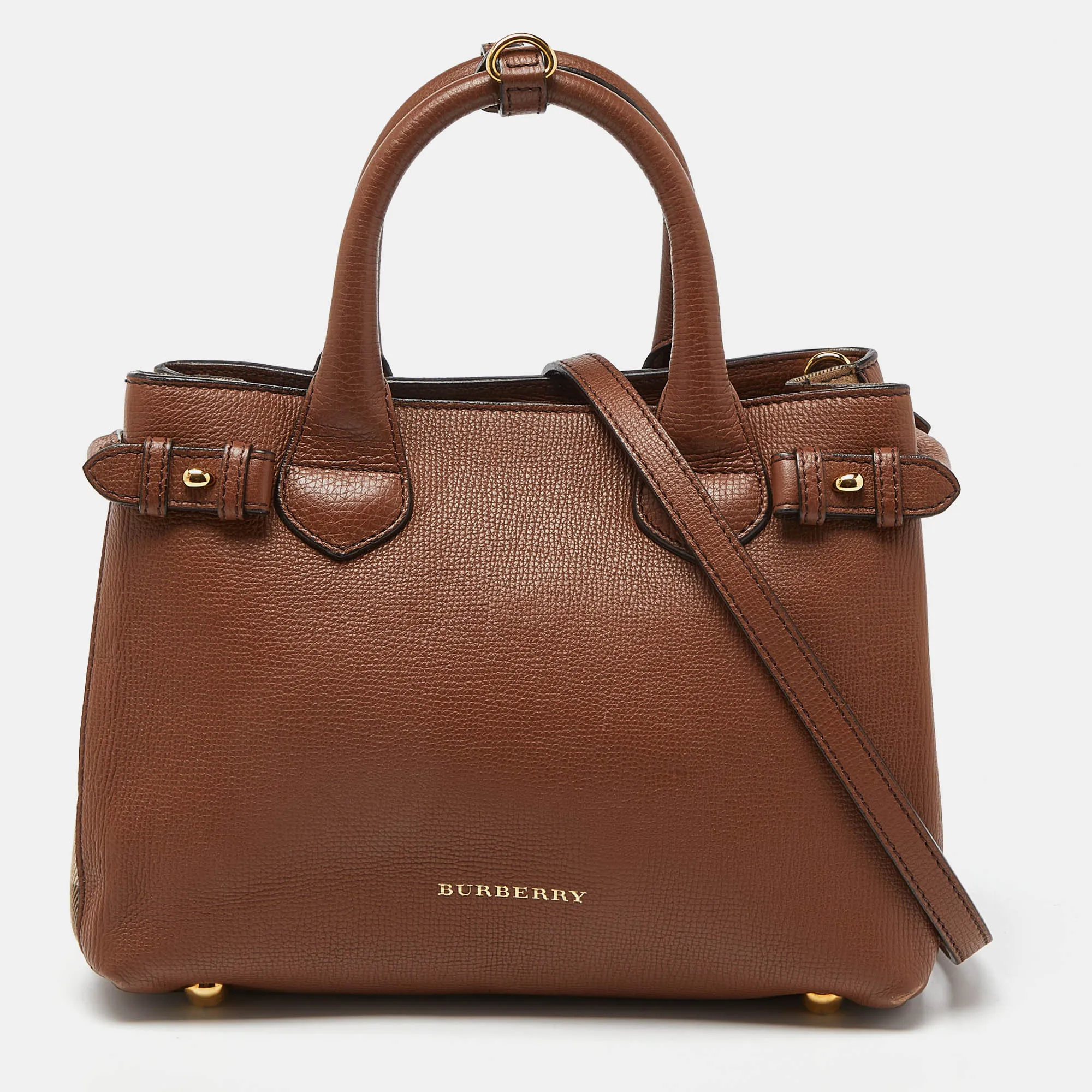 BURBERRY Brown/Beige Leather and House Check Fabric Small Banner Tote