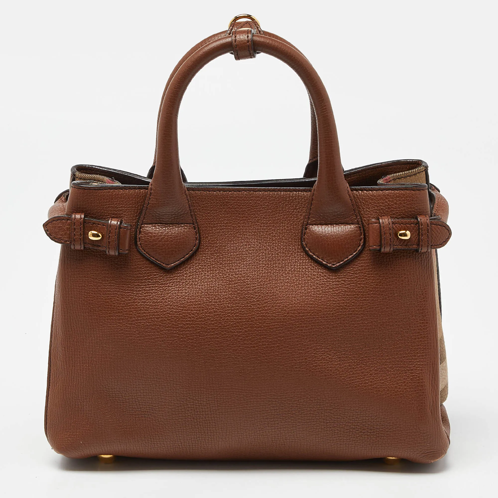 BURBERRY Brown/Beige Leather and House Check Fabric Small Banner Tote
