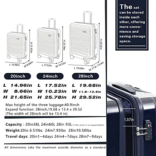 Coolife Luggage Suitcase 3 Piece Set expandable - ABS-PC - White Grid