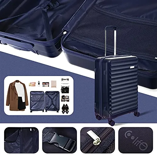 Coolife Luggage Suitcase 3 Piece Set expandable - ABS-PC - White Grid