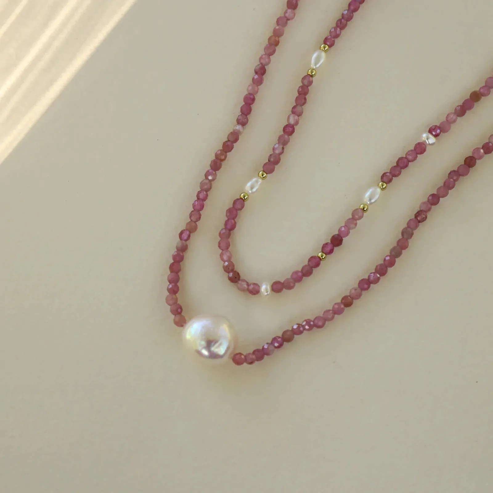 Flora Pink Tormaline & Freshwater Pearl Necklance