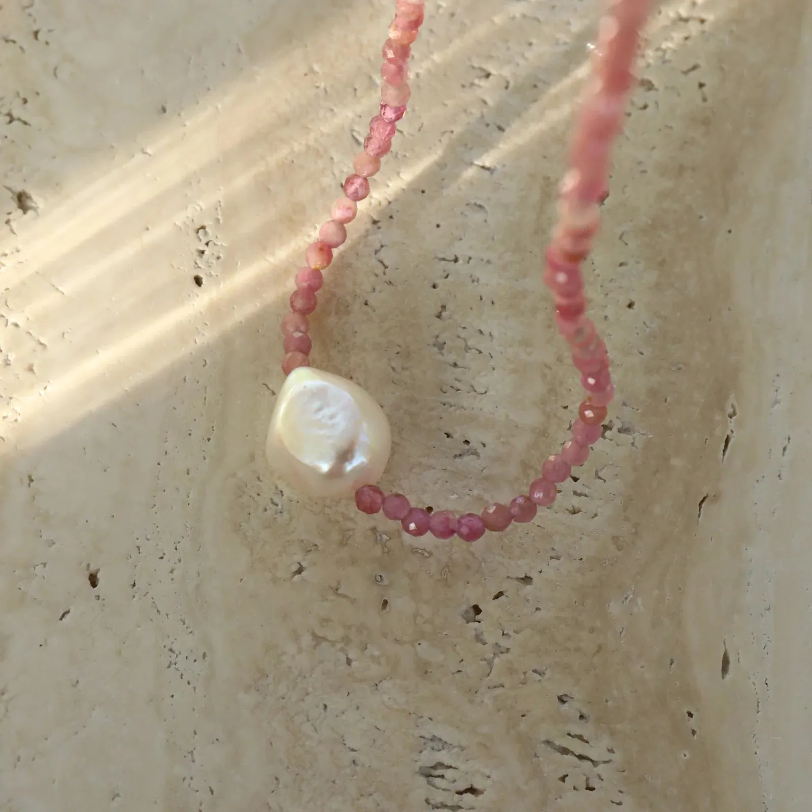 Flora Pink Tormaline & Freshwater Pearl Necklance