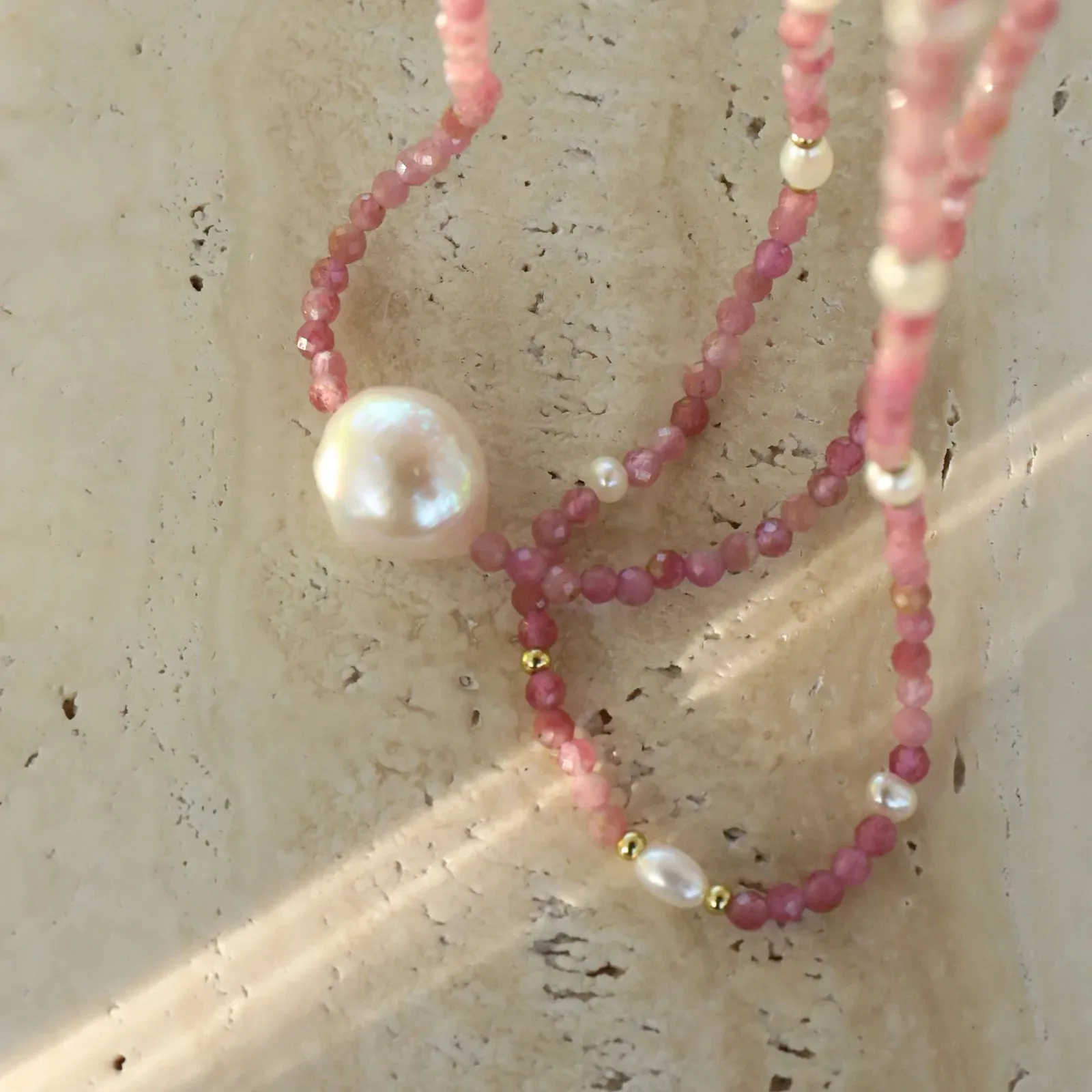 Flora Pink Tormaline & Freshwater Pearl Necklance