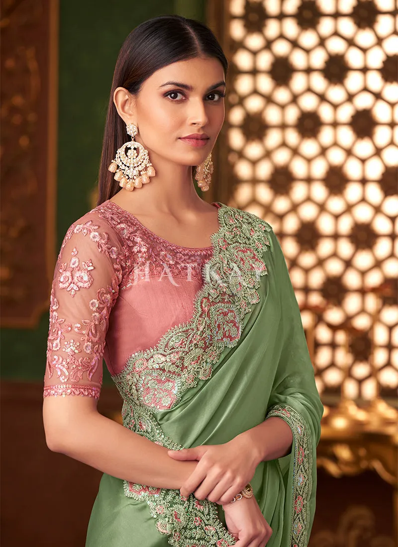 Green And Pink Embroidery Designer Saree