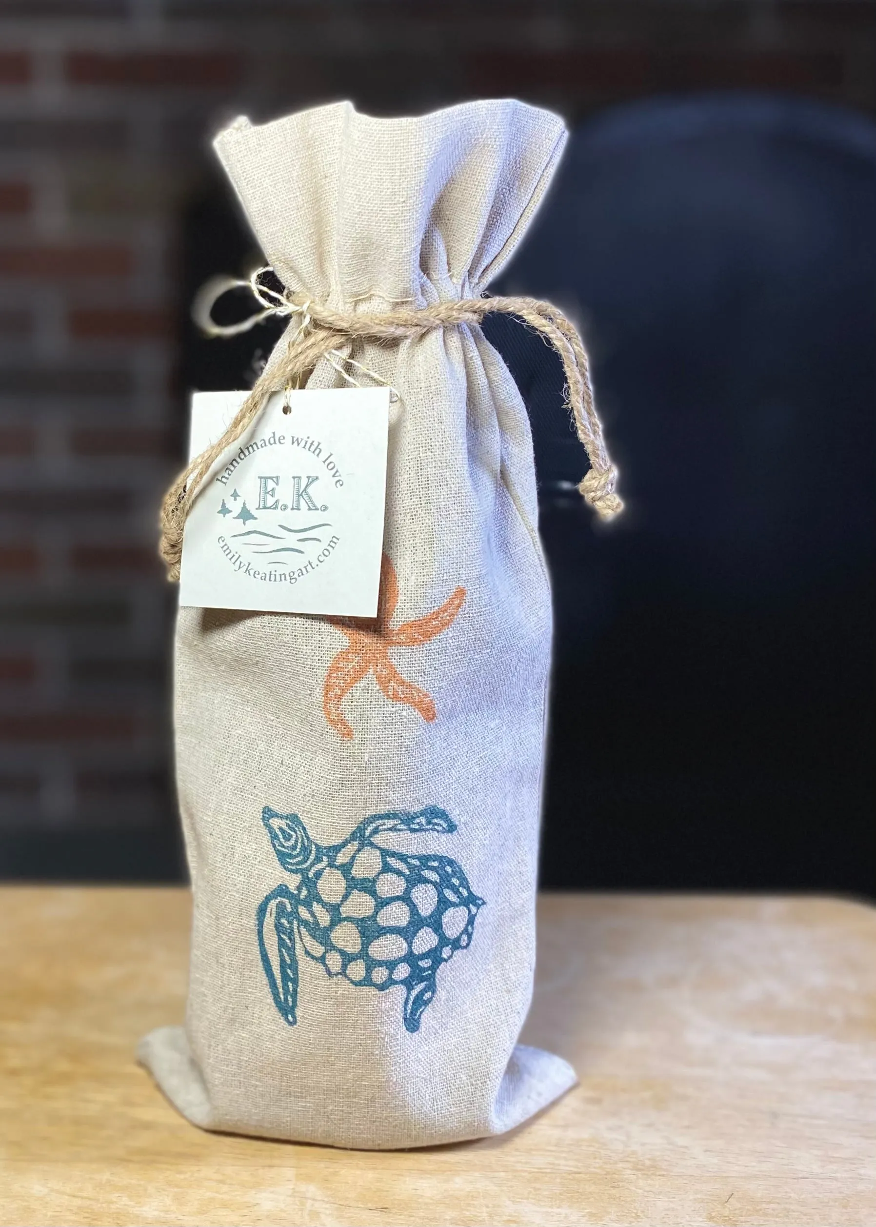Hand-Printed Seashell or Turtle Wine Bottle Gift Bag