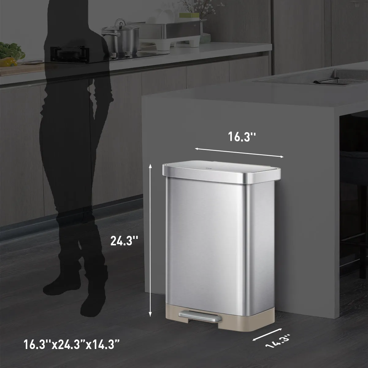Hudson 50L / 13.2 Gal Step Can with Bag Compartment - Matte Stainless Steel