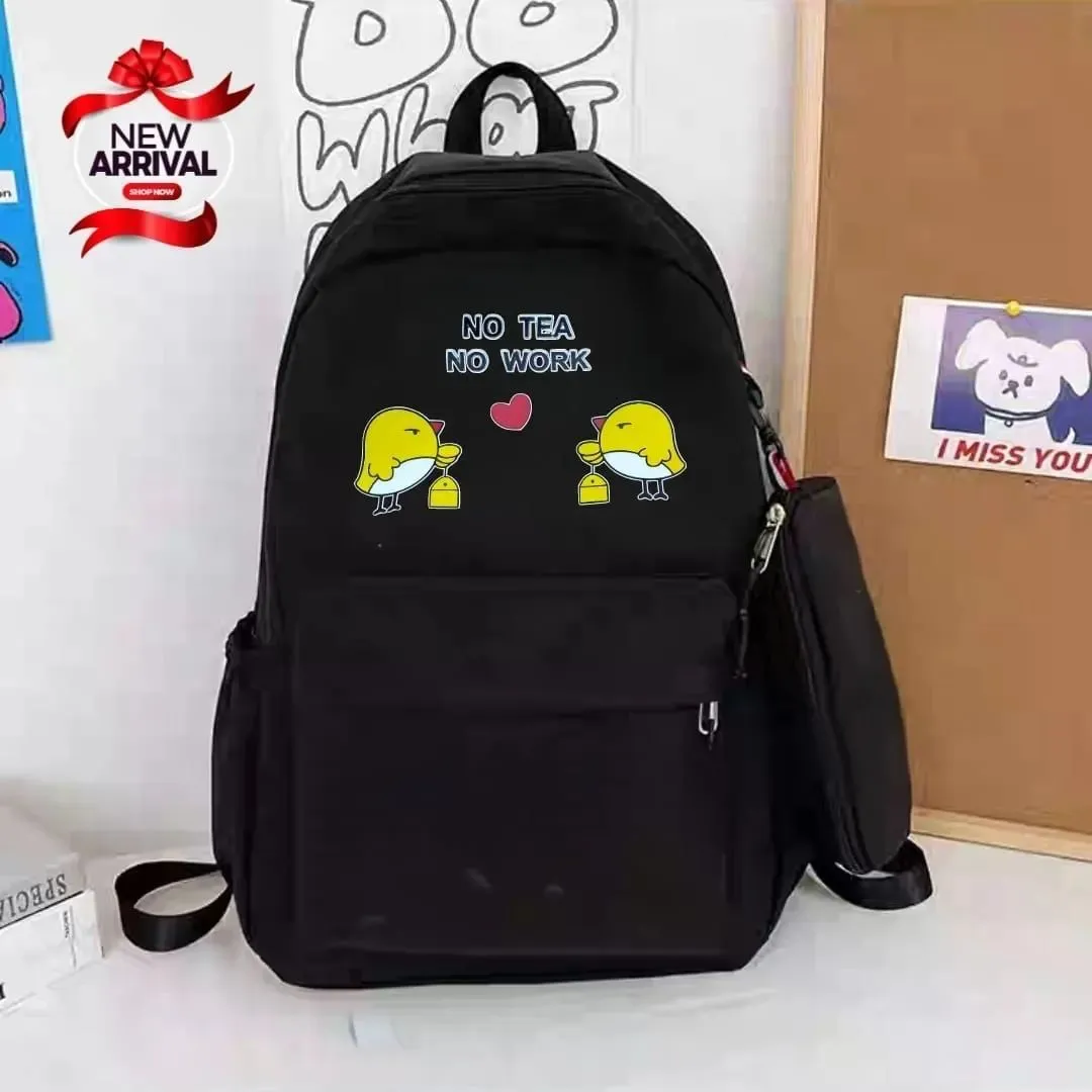 No Tea, No Work 2 Pcs Light Weight Parachute Imported Bag Set Printing Backpack Children School Bags Travel Backpack