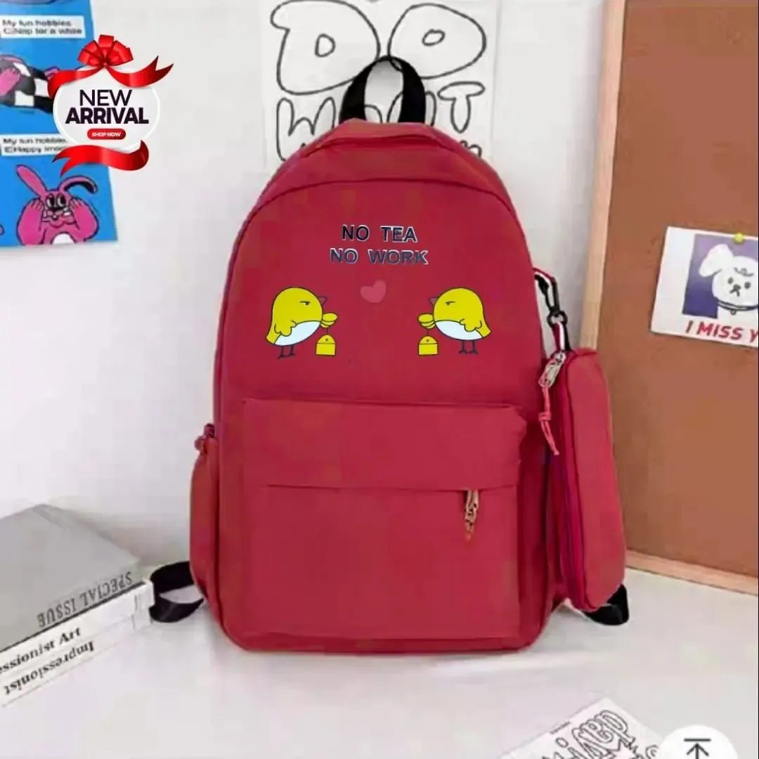 No Tea, No Work 2 Pcs Light Weight Parachute Imported Bag Set Printing Backpack Children School Bags Travel Backpack