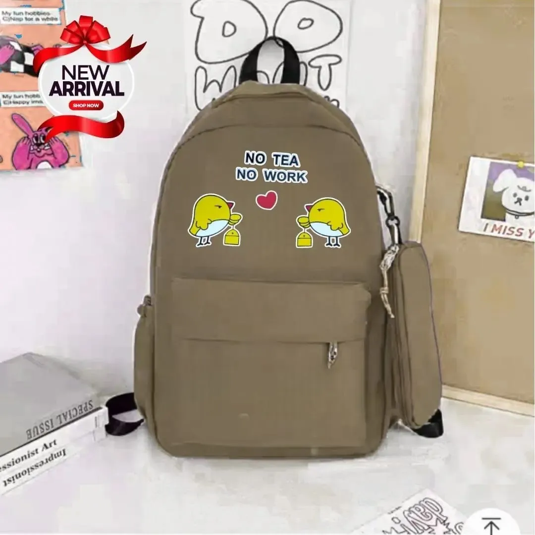 No Tea, No Work 2 Pcs Light Weight Parachute Imported Bag Set Printing Backpack Children School Bags Travel Backpack