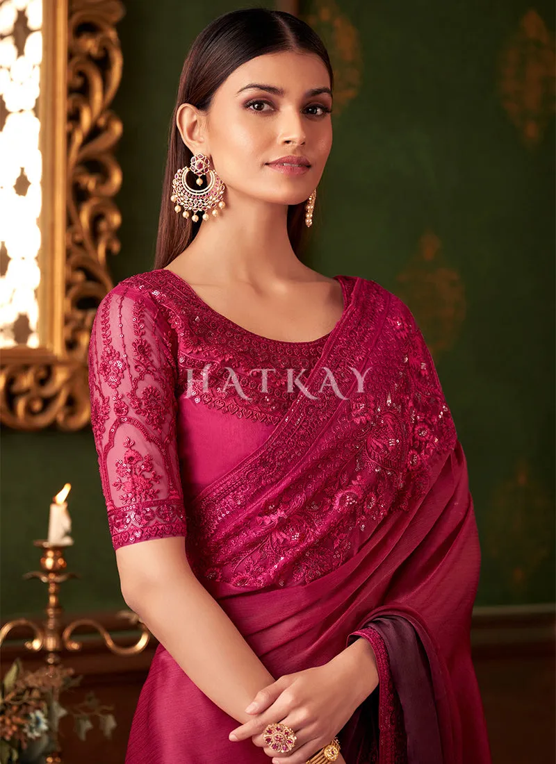 Pink Wine Ombré Embroidery Designer Saree