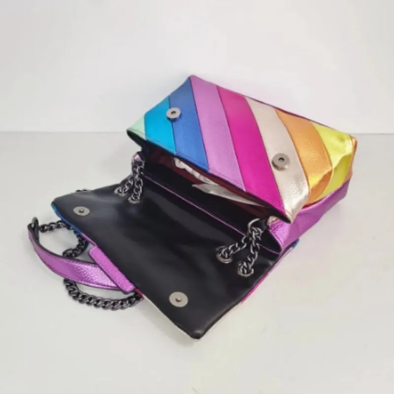 Rainbow Patchwork Style Chain Strap Cross-body Shoulder Bag