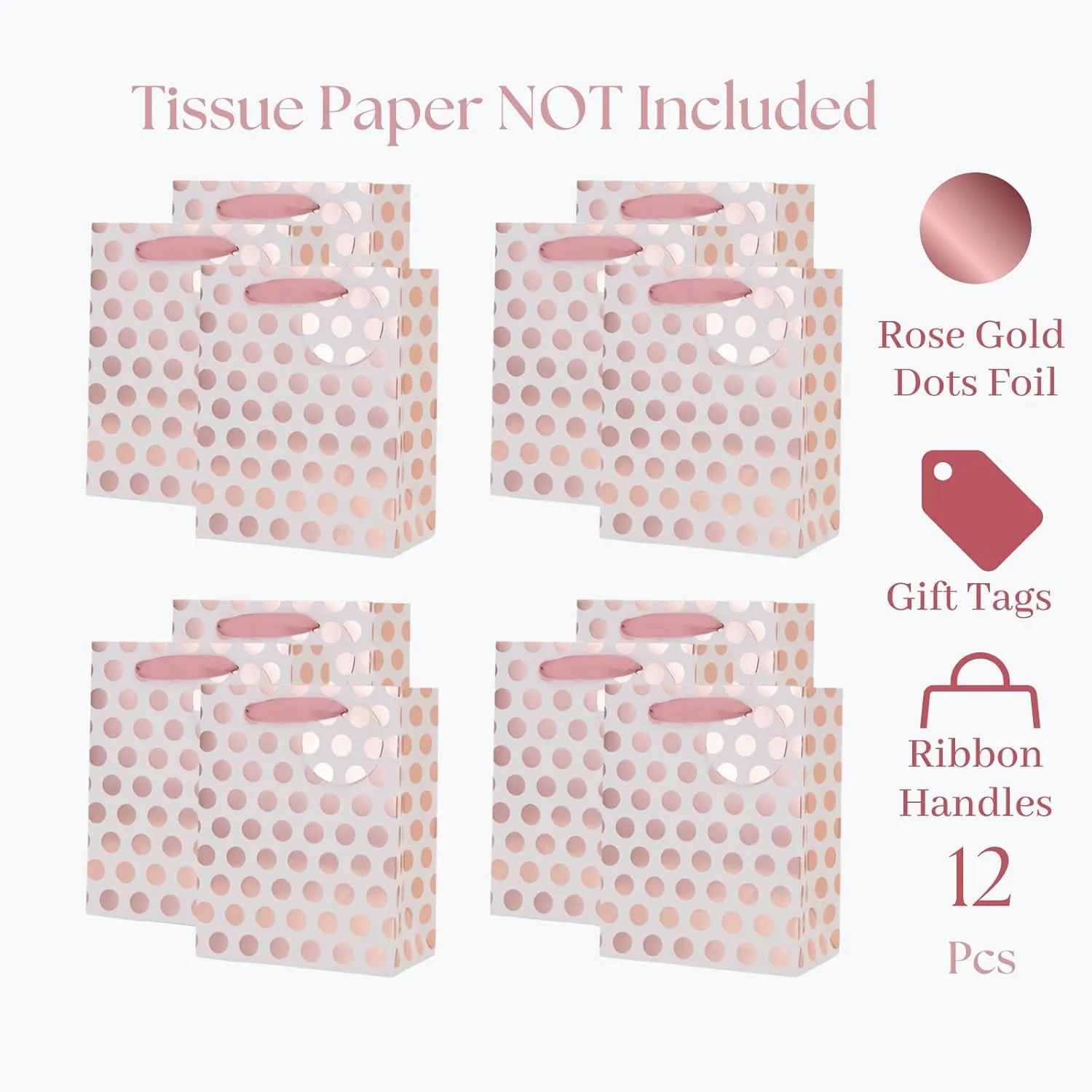 Rose Gold Foil & Pink Polka Dots Gift Bag, Pack of 12