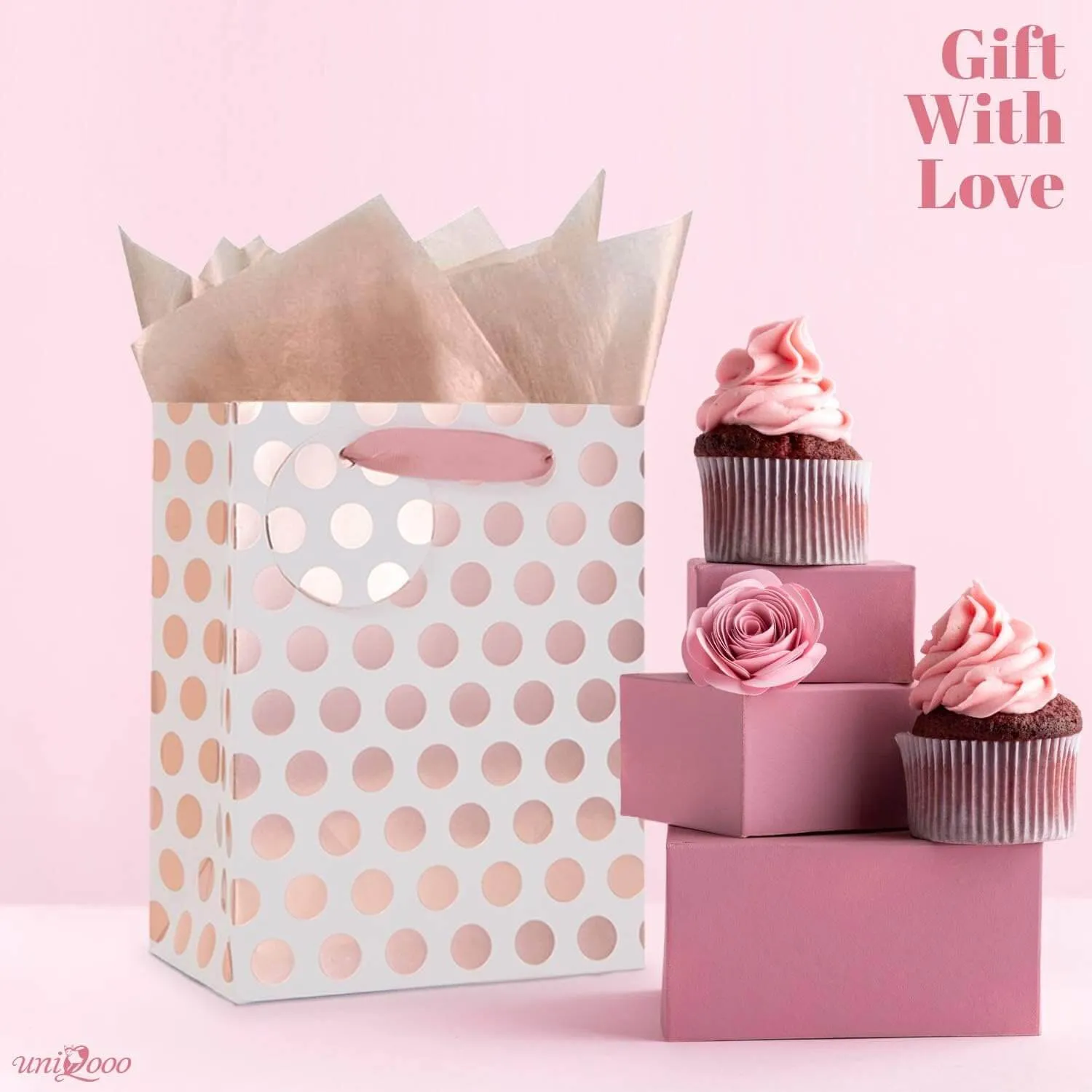 Rose Gold Foil & Pink Polka Dots Gift Bag, Pack of 12