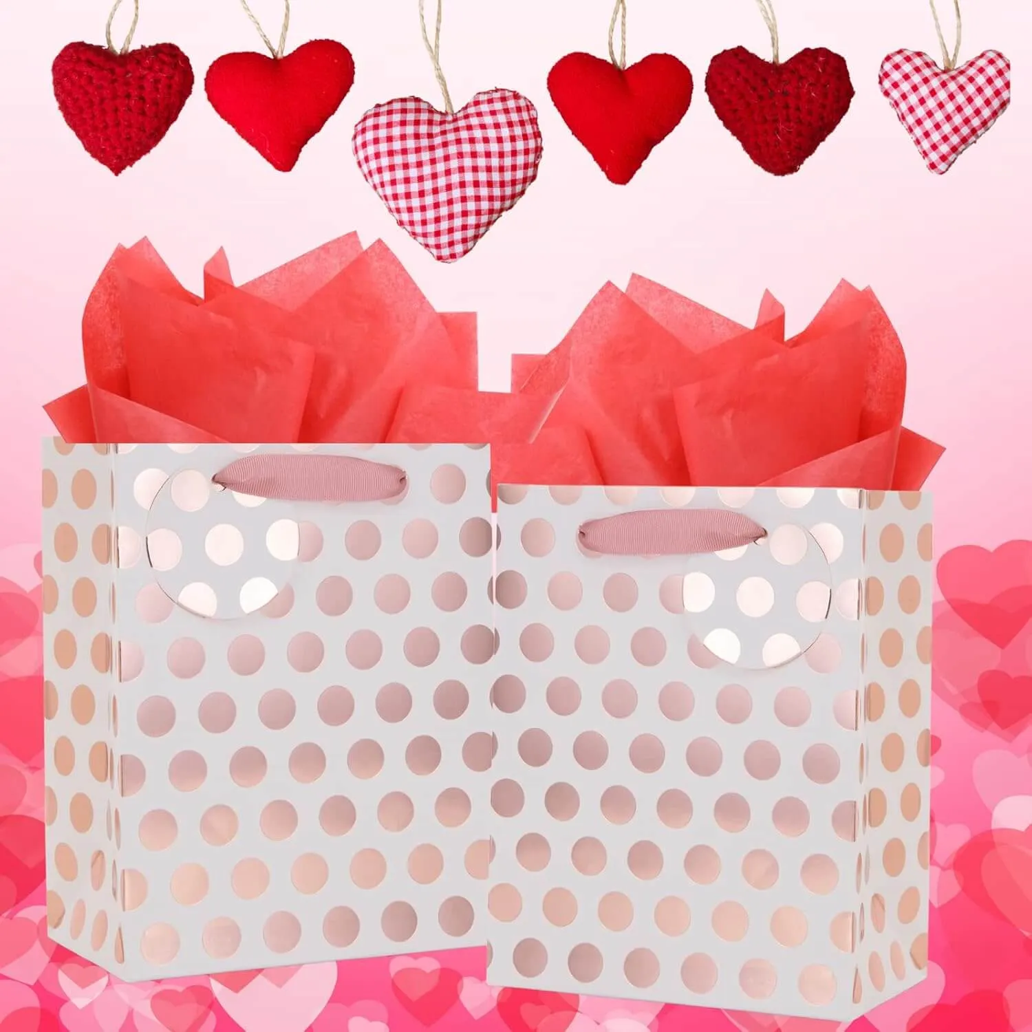 Rose Gold Foil & Pink Polka Dots Gift Bag, Pack of 12