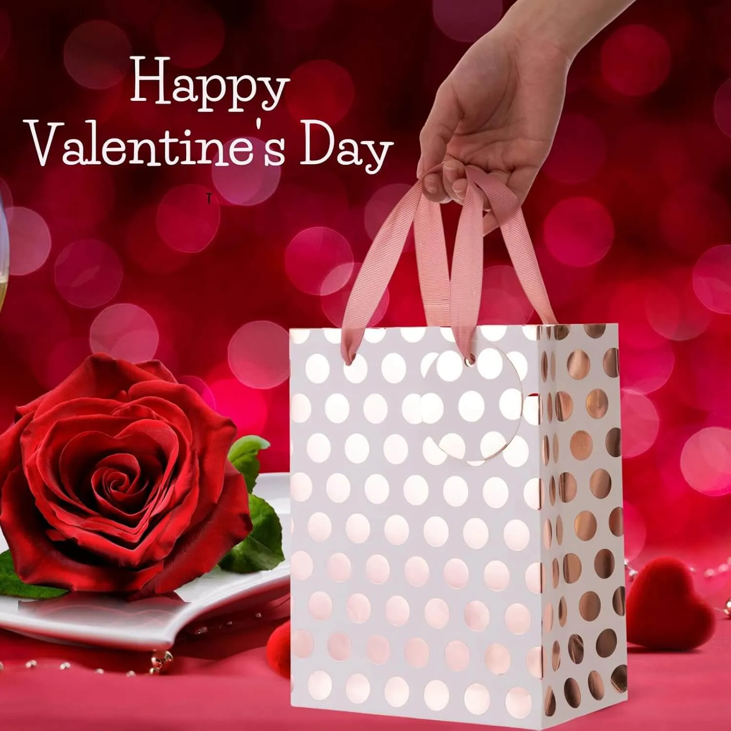 Rose Gold Foil & Pink Polka Dots Gift Bag, Pack of 12