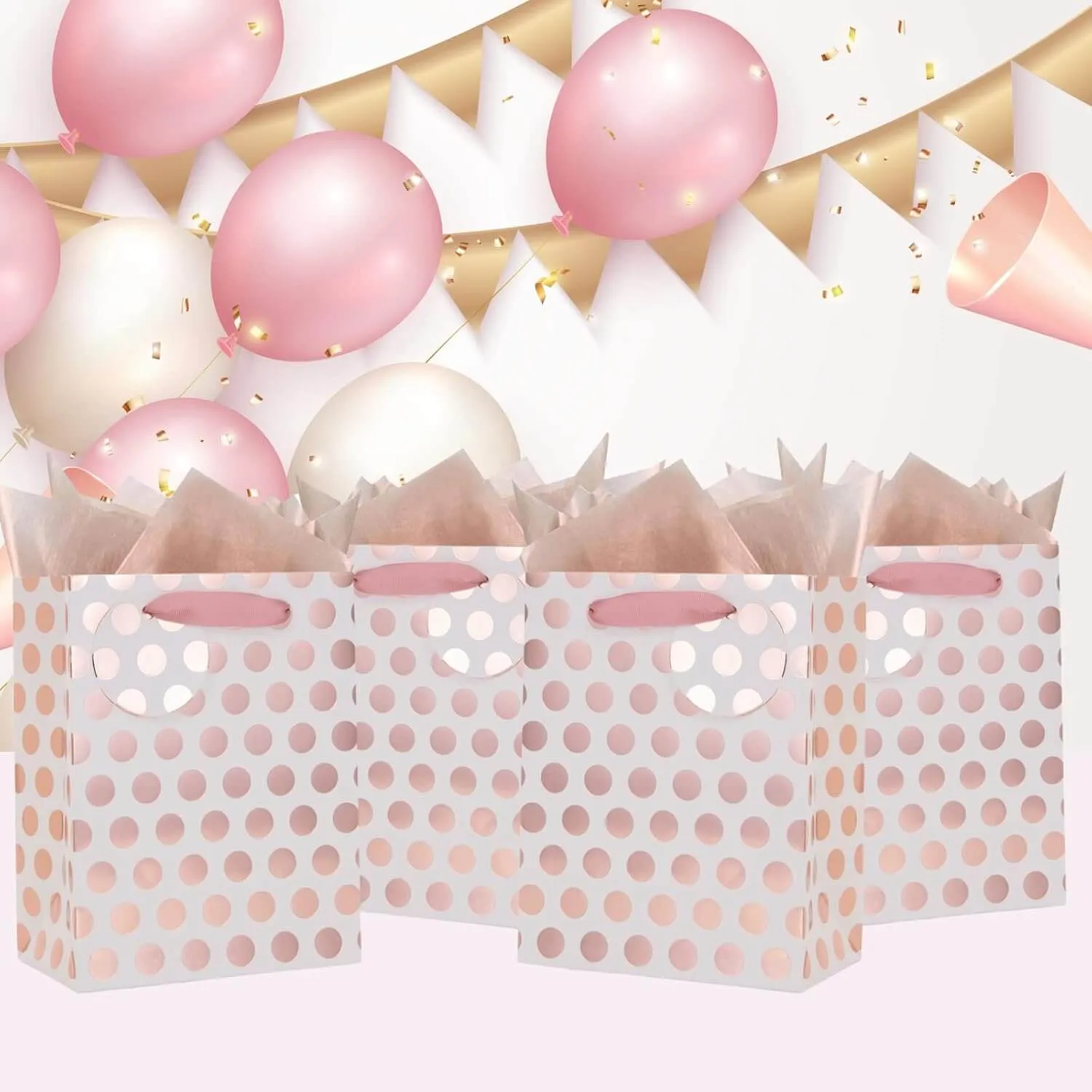 Rose Gold Foil & Pink Polka Dots Gift Bag, Pack of 12