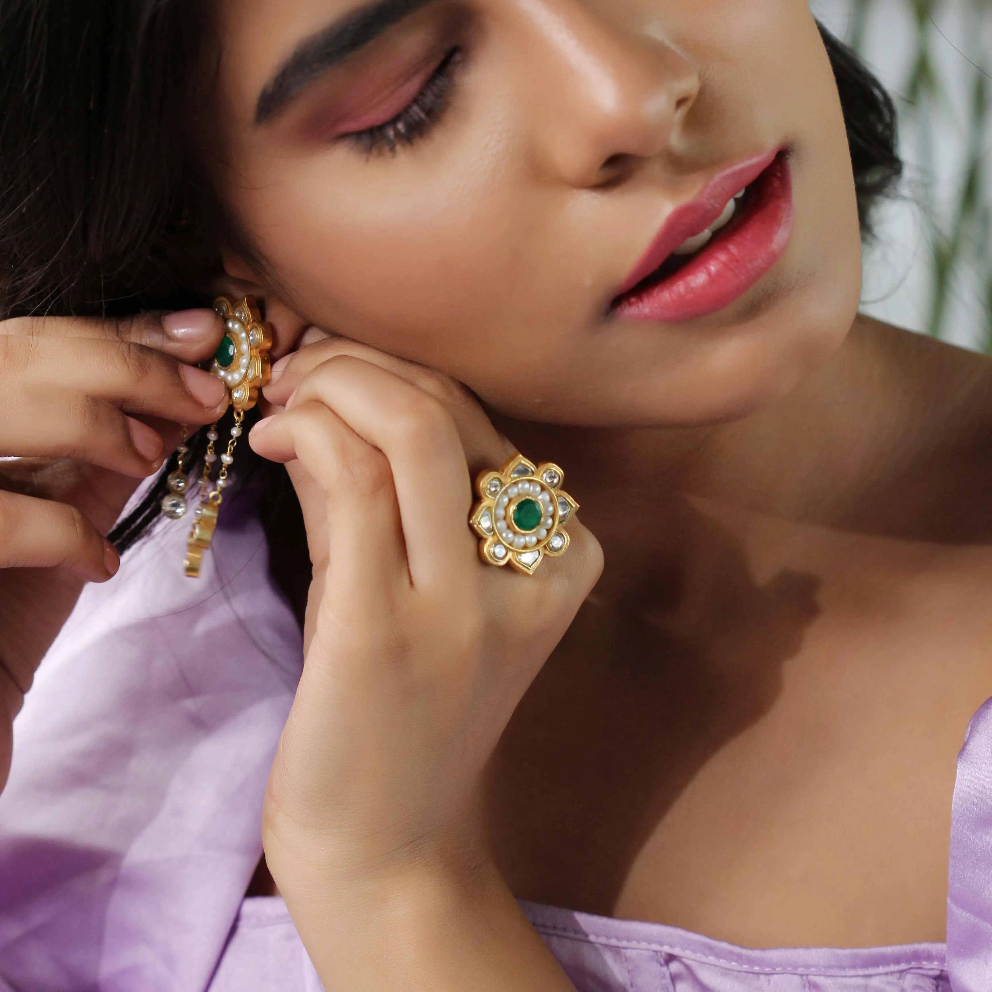 White Pearl with Green Stone Majestic Ring